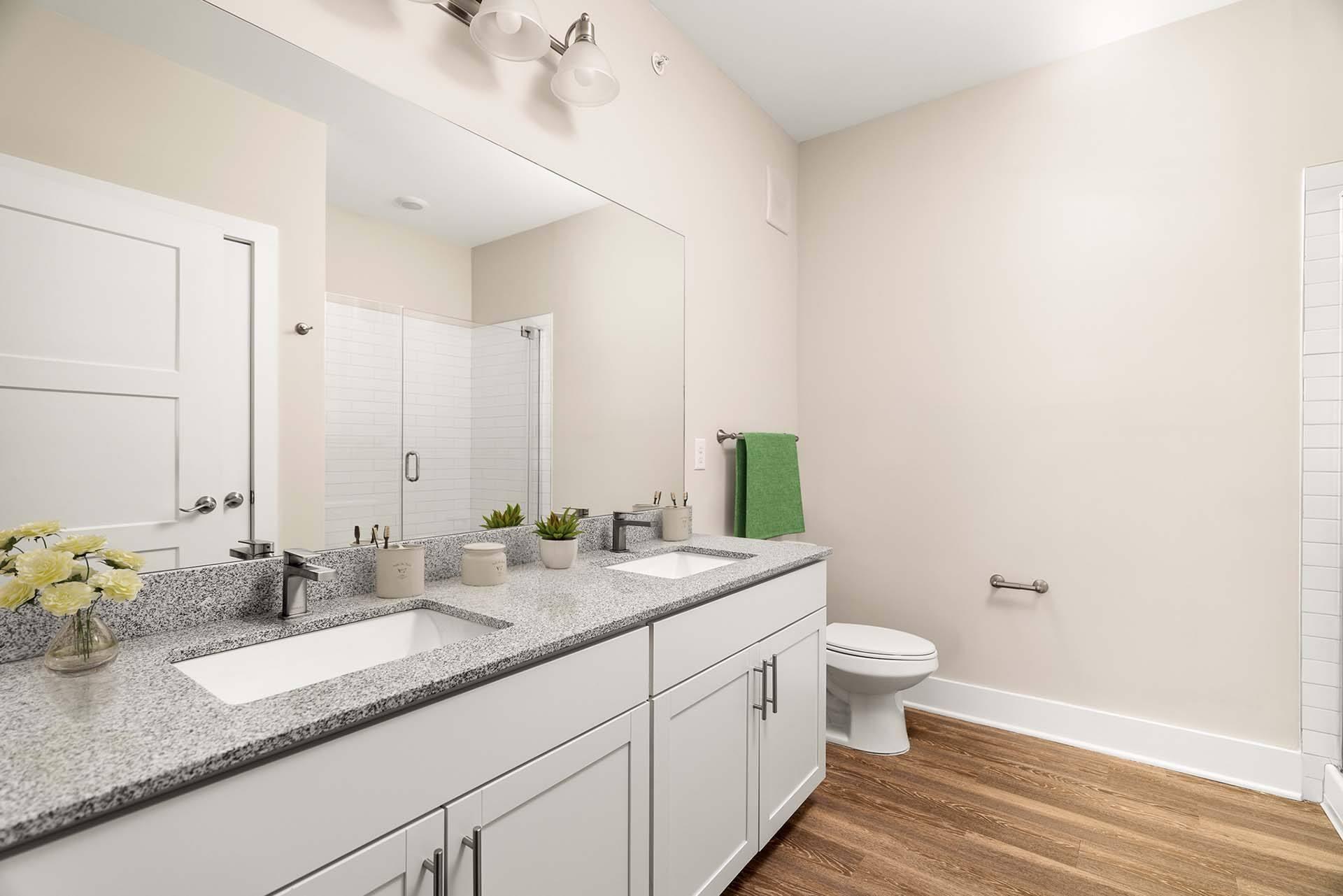 A bathroom with a double sink vanity and a toilet.