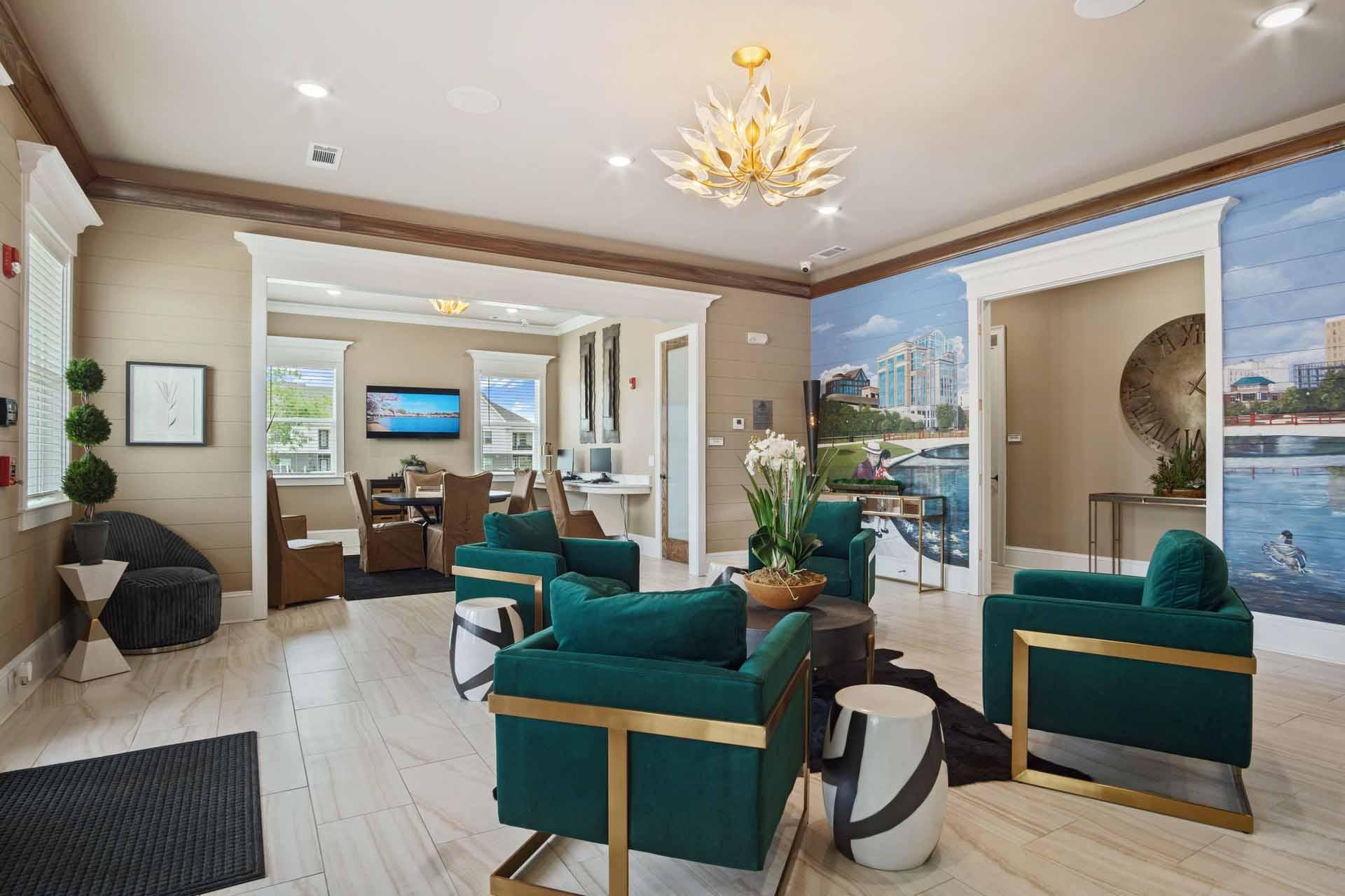 A living room with a large painting of a cityscape on the wall.