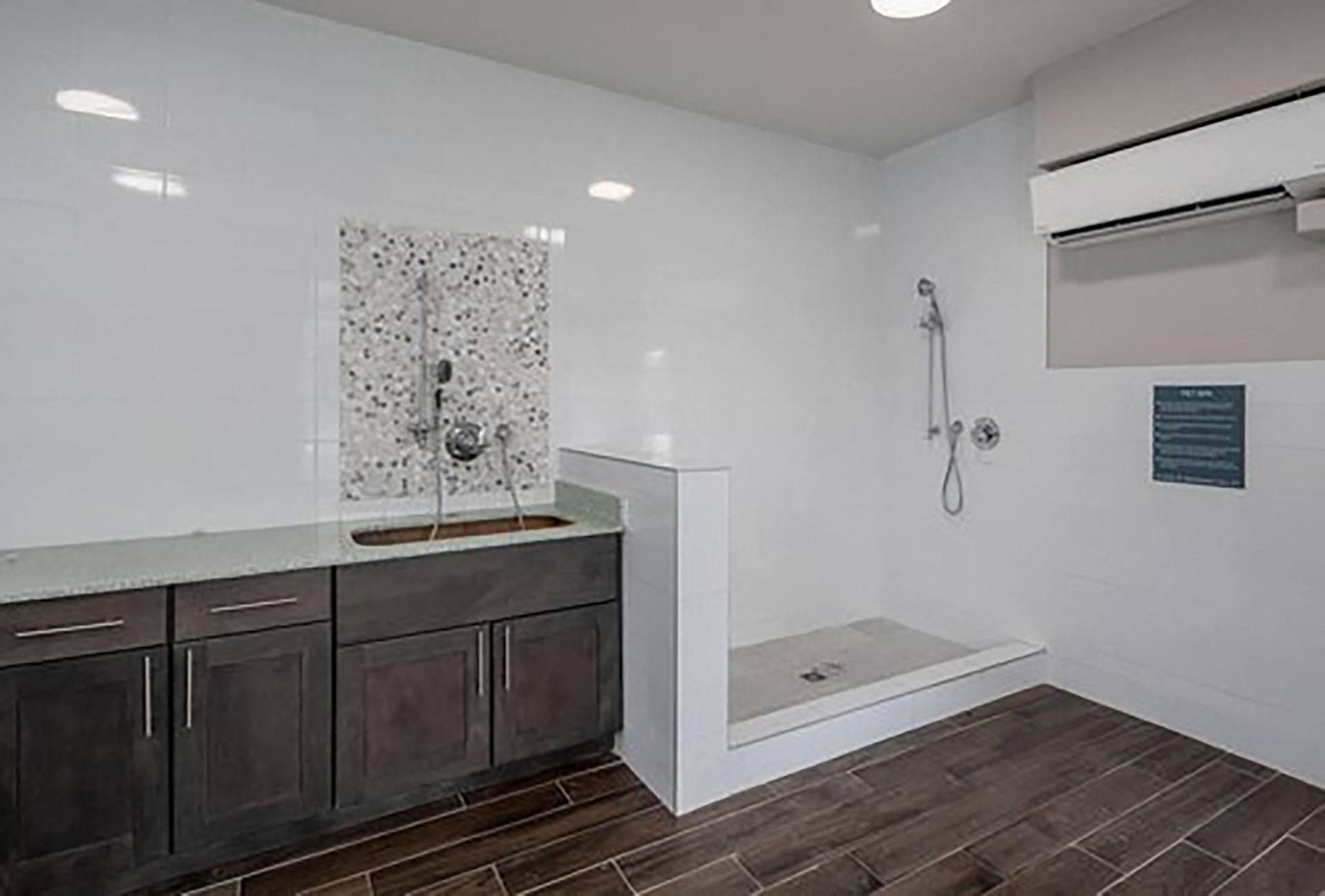 A bathroom with a shower and a sink.