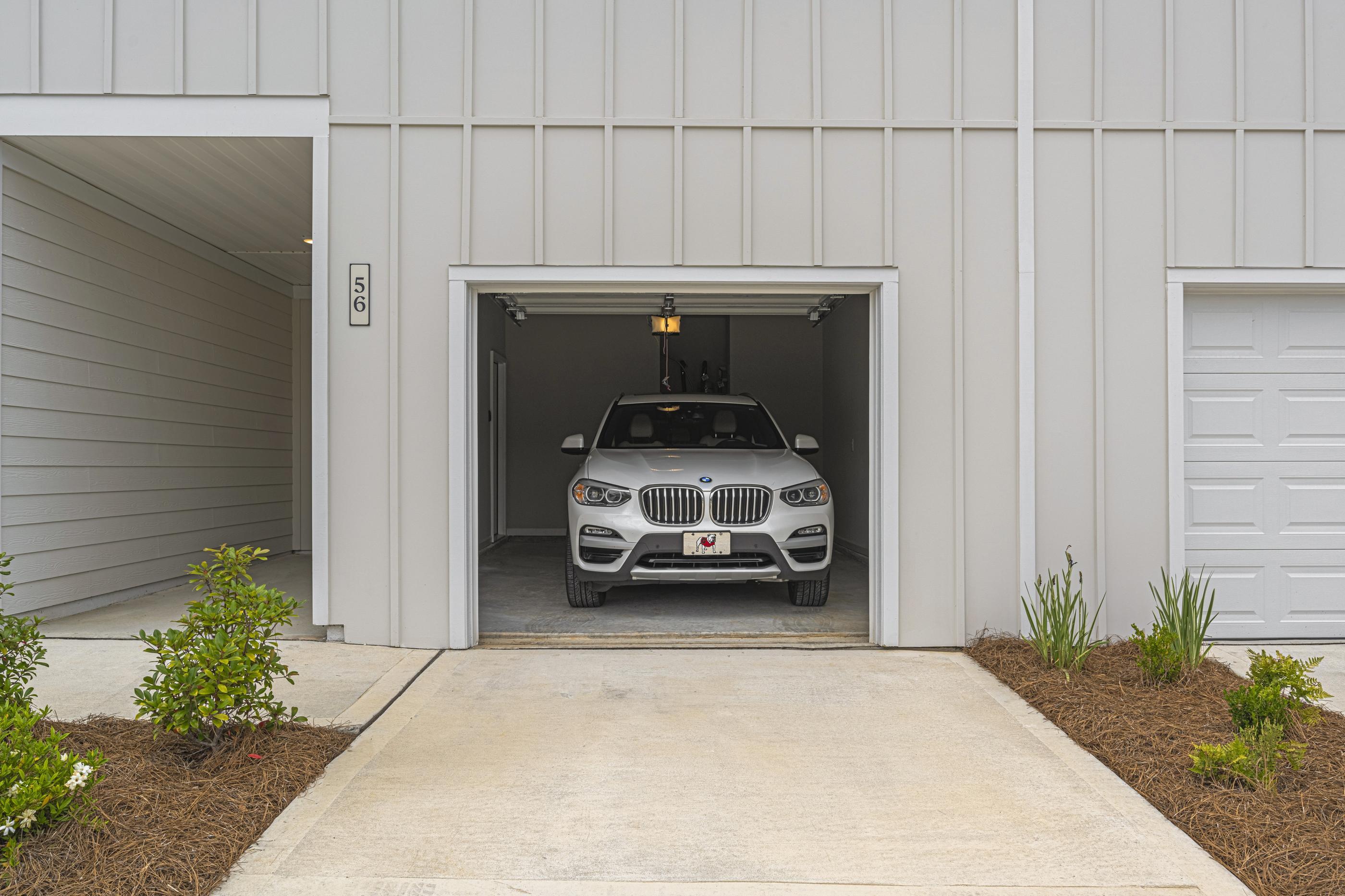 A car is parked in a garage.