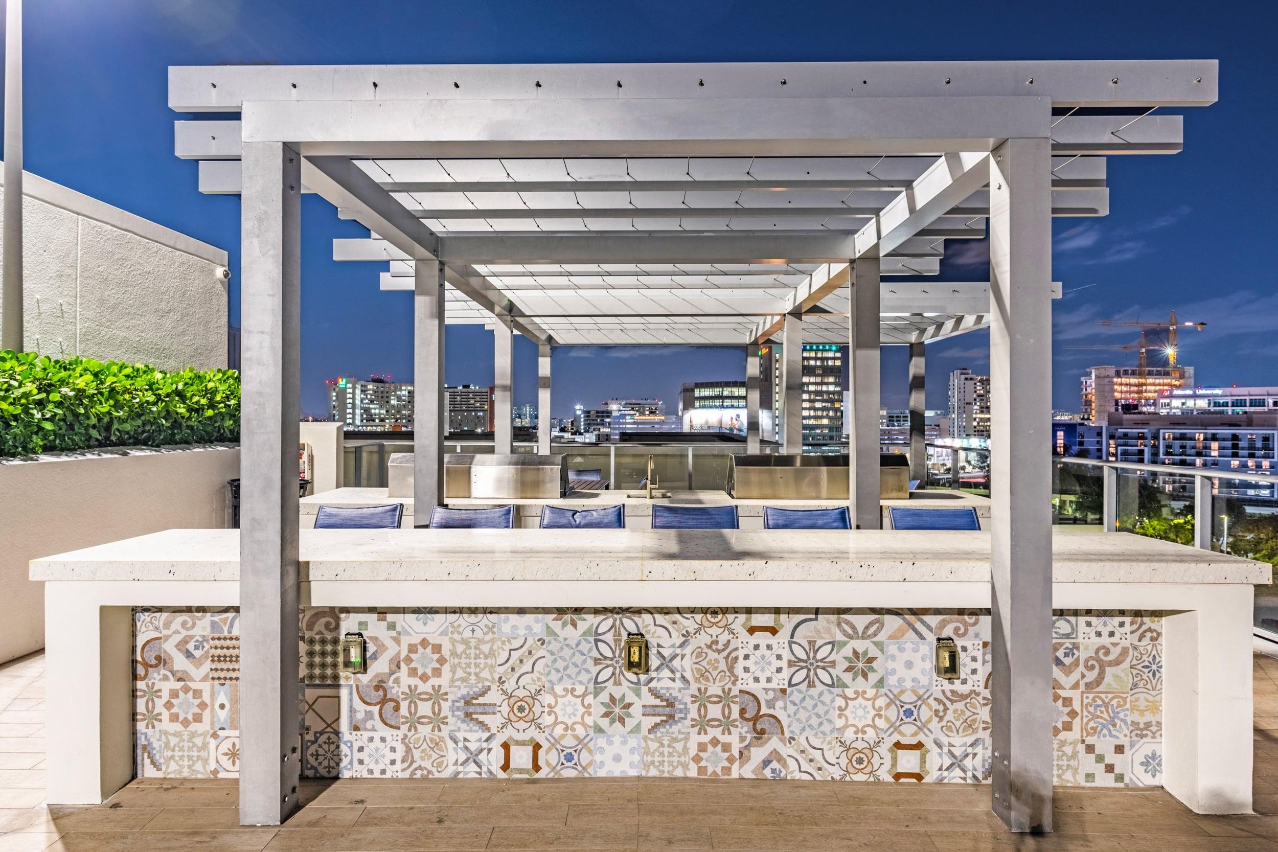 an outdoor bar with a city skyline in the background