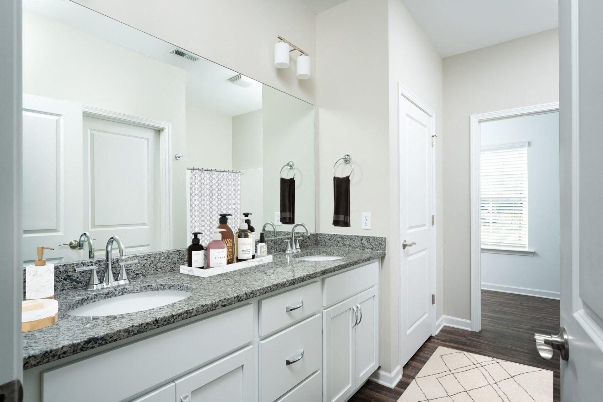 a bathroom with a large mirror and two sinks