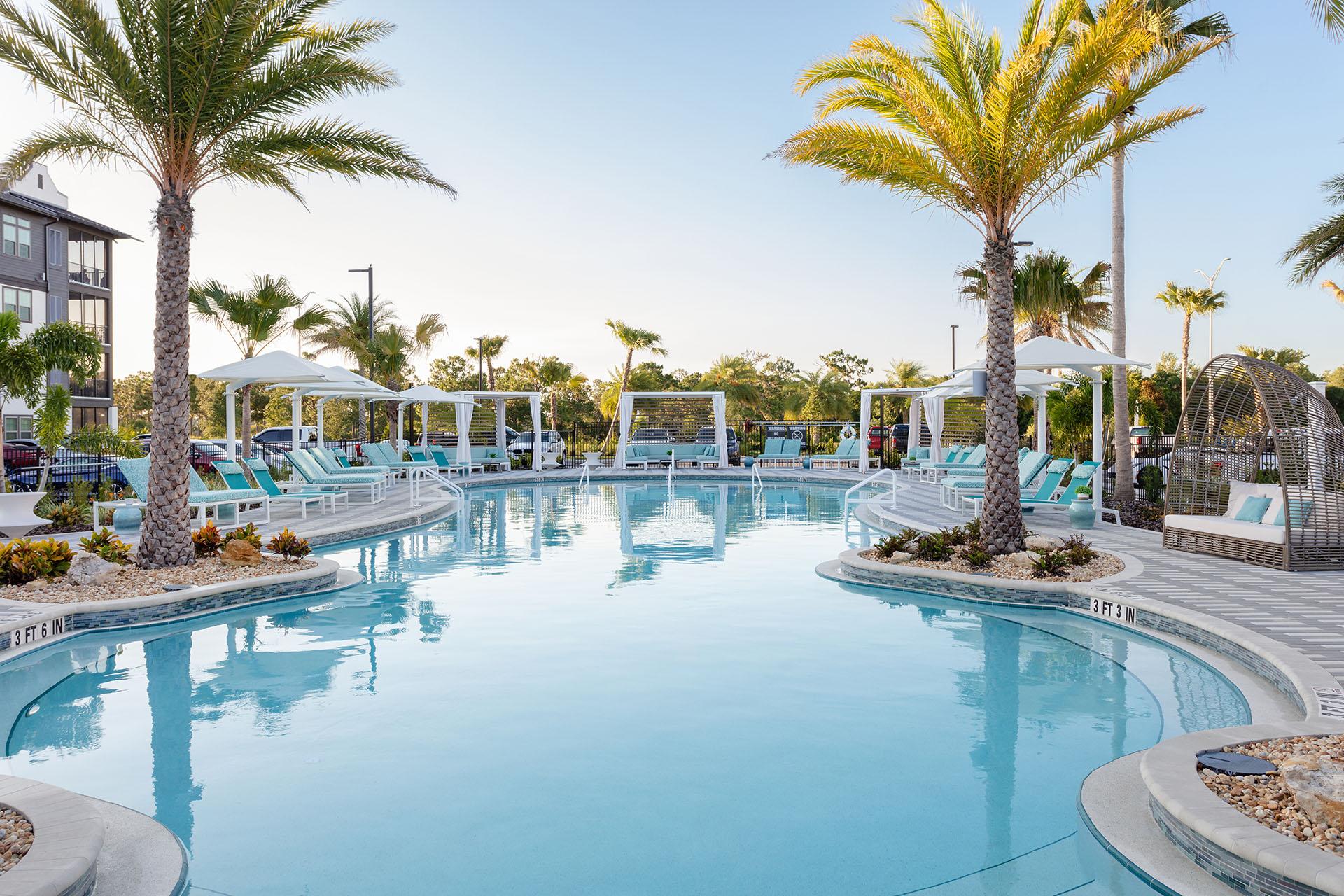 A large outdoor swimming pool surrounded by palm trees and lounge chairs.