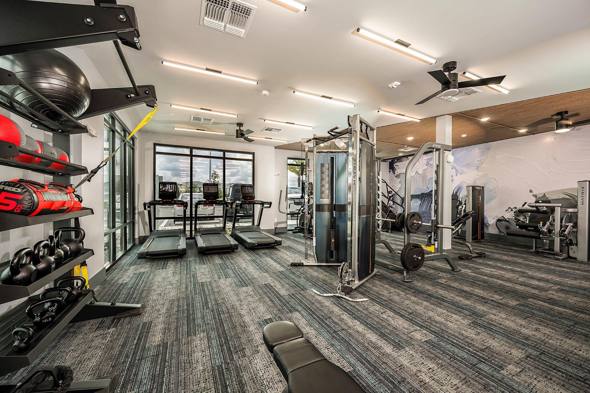 a gym with cardio equipment and weights on the walls and a glass window