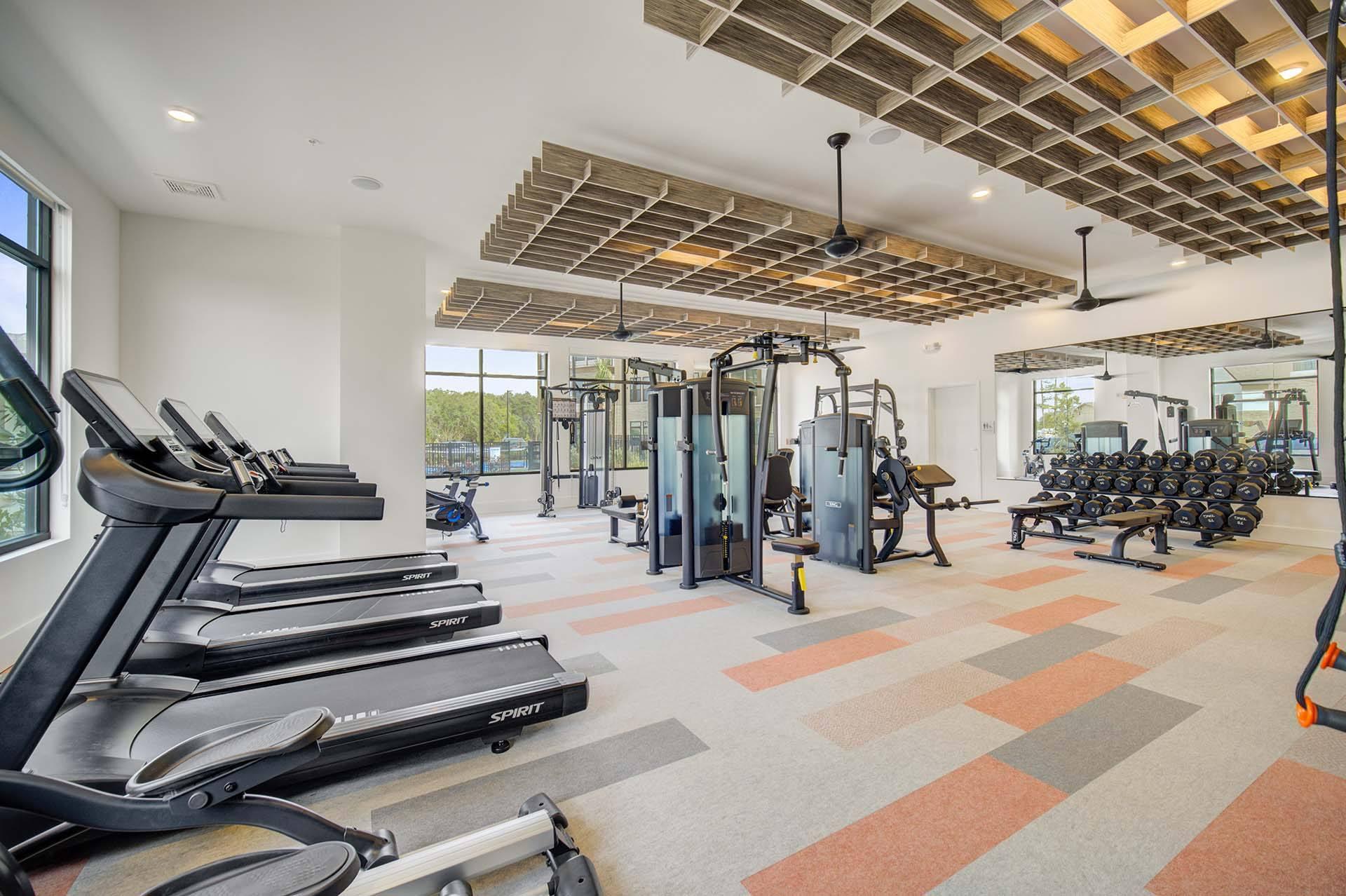 A gym with treadmills, weights, and exercise machines.