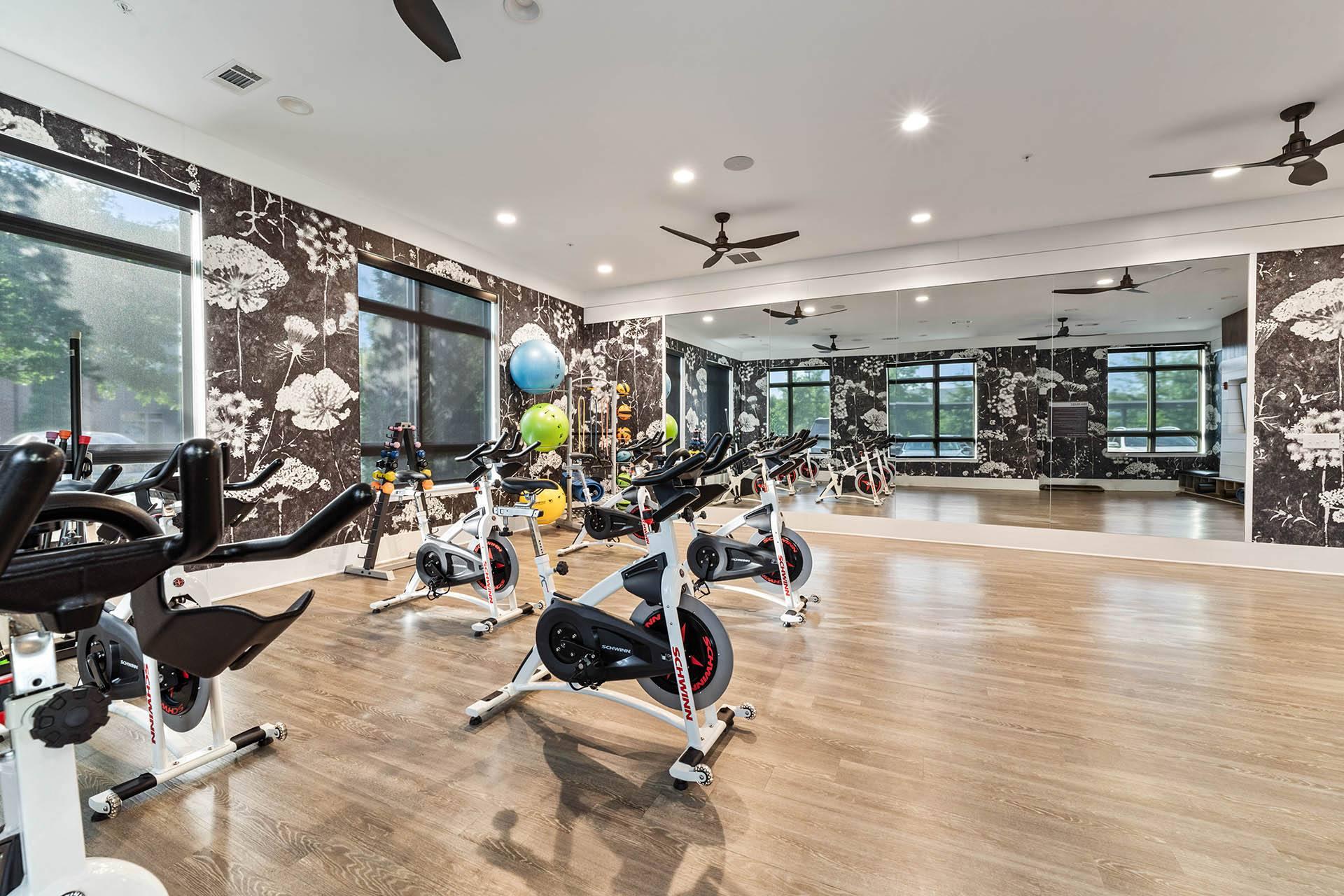 the gym has a slew of exercise bikes and treadmills