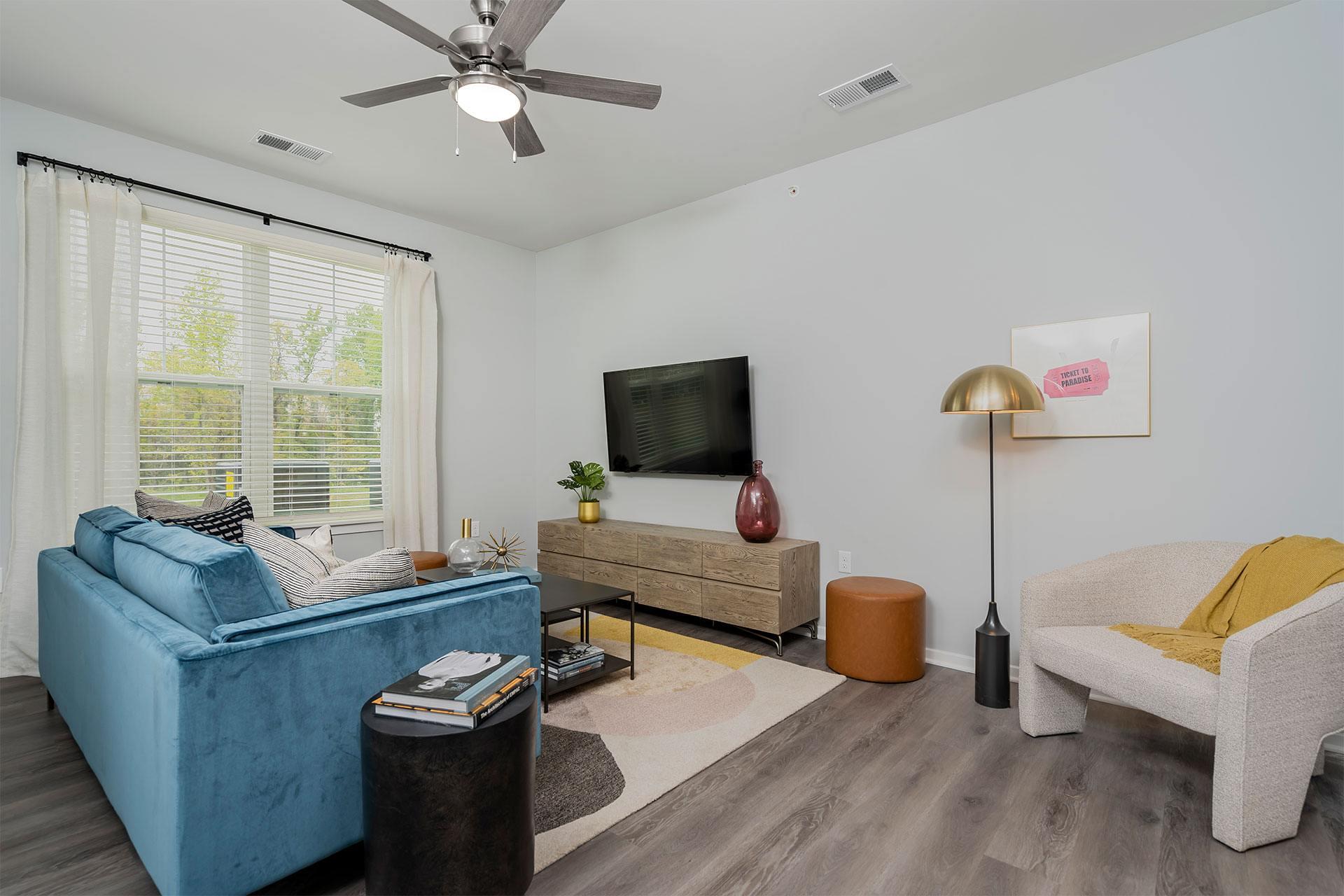 A living room with a blue couch, a television, a lamp, and a rug.