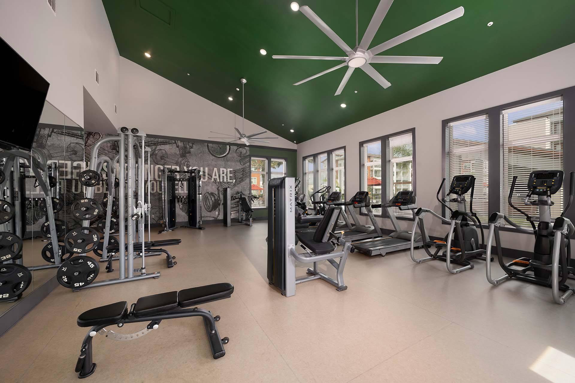 A gym with a variety of equipment including treadmills, weights, and exercise machines.