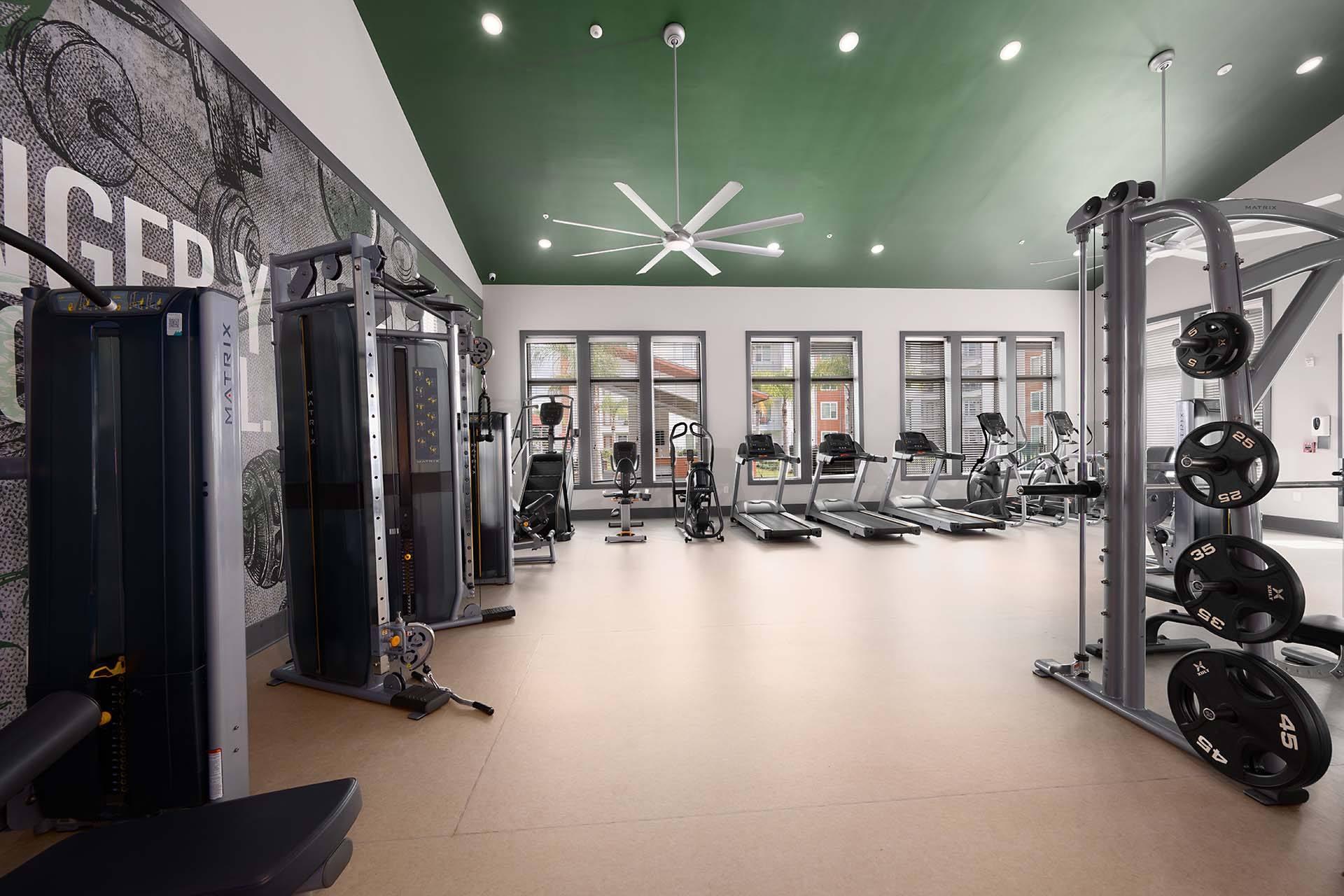 A gym with a variety of equipment including treadmills, weights, and exercise machines.