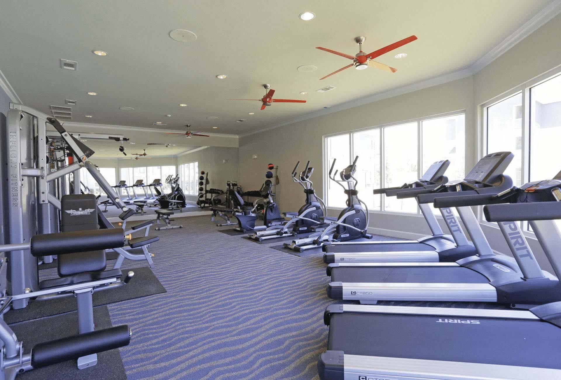 A spacious gym with treadmills, elliptical machines, and a fan.