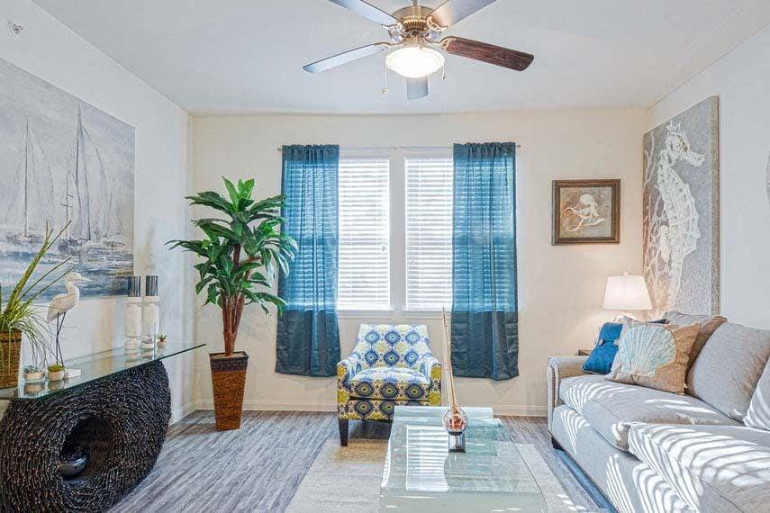 A living room with a couch, chair, and potted plant.
