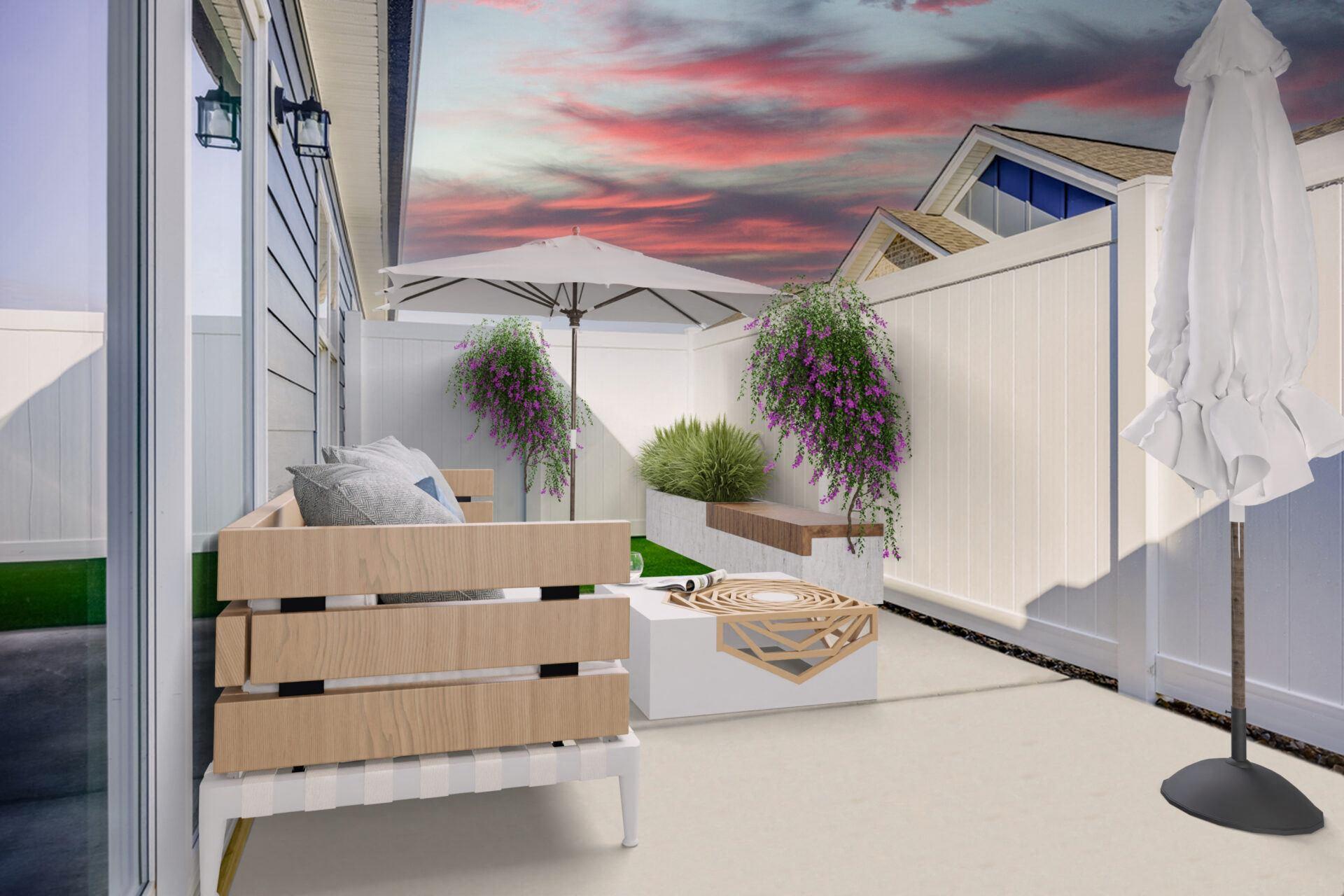 a patio with a mural on the wall