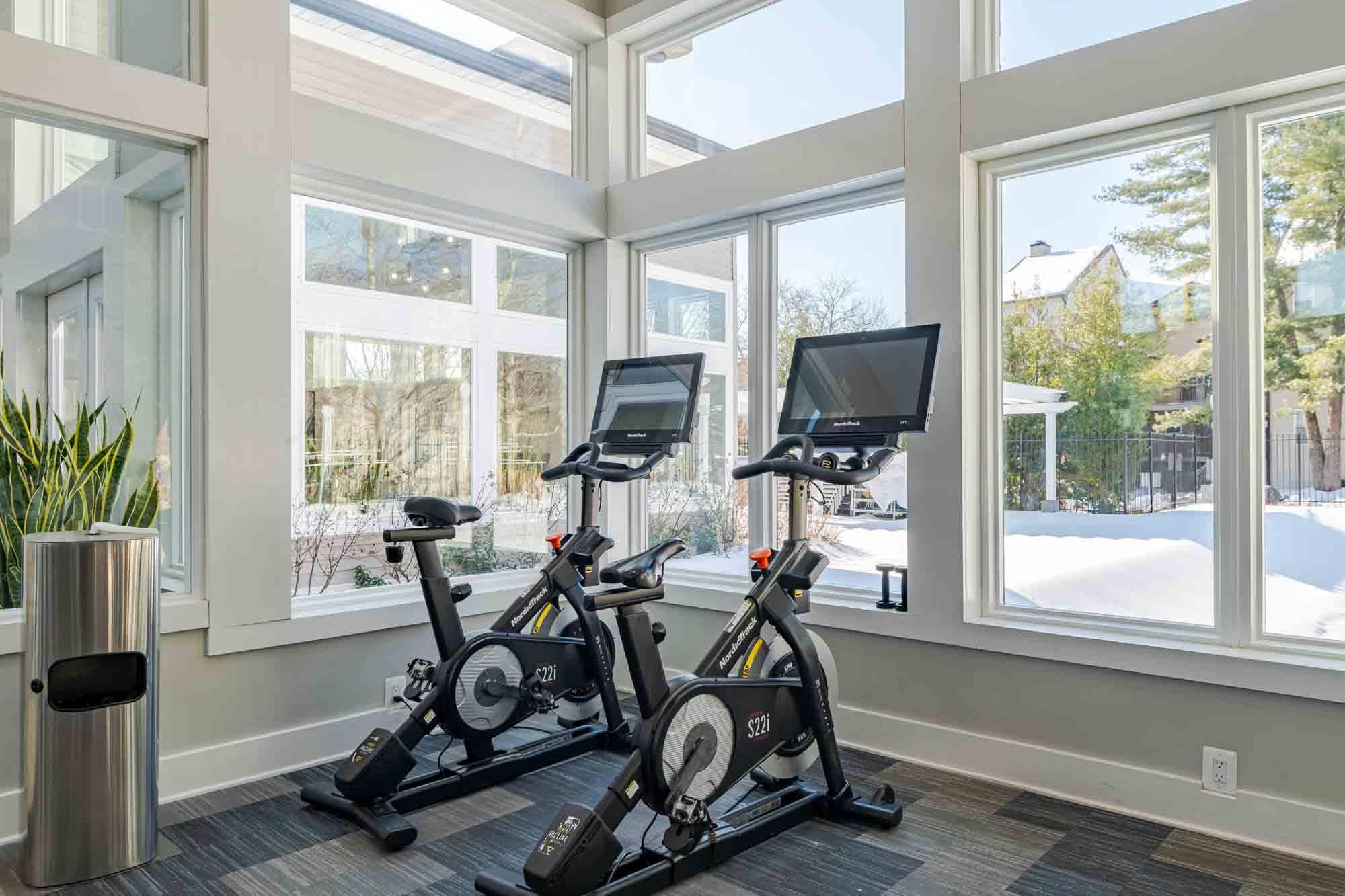 Two stationary bikes are in a sunny room.