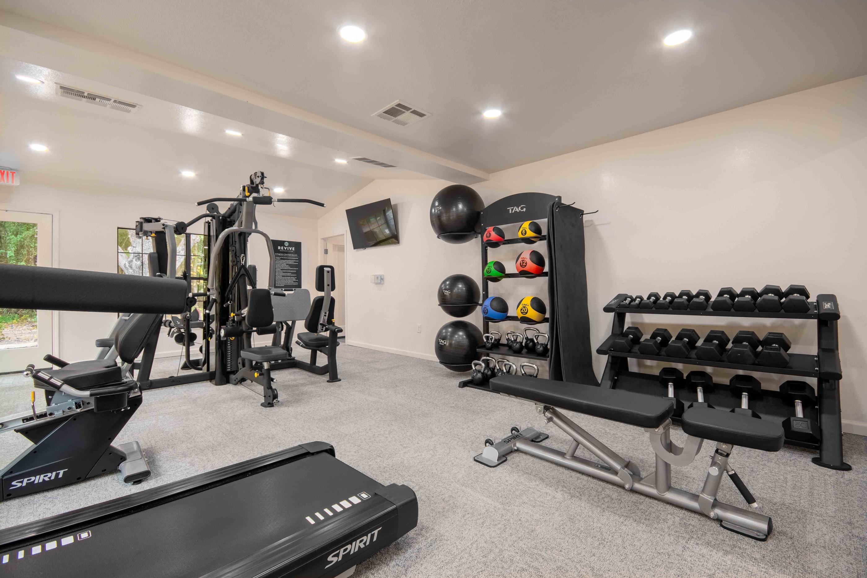 the gym is stocked with weights and cardio equipment