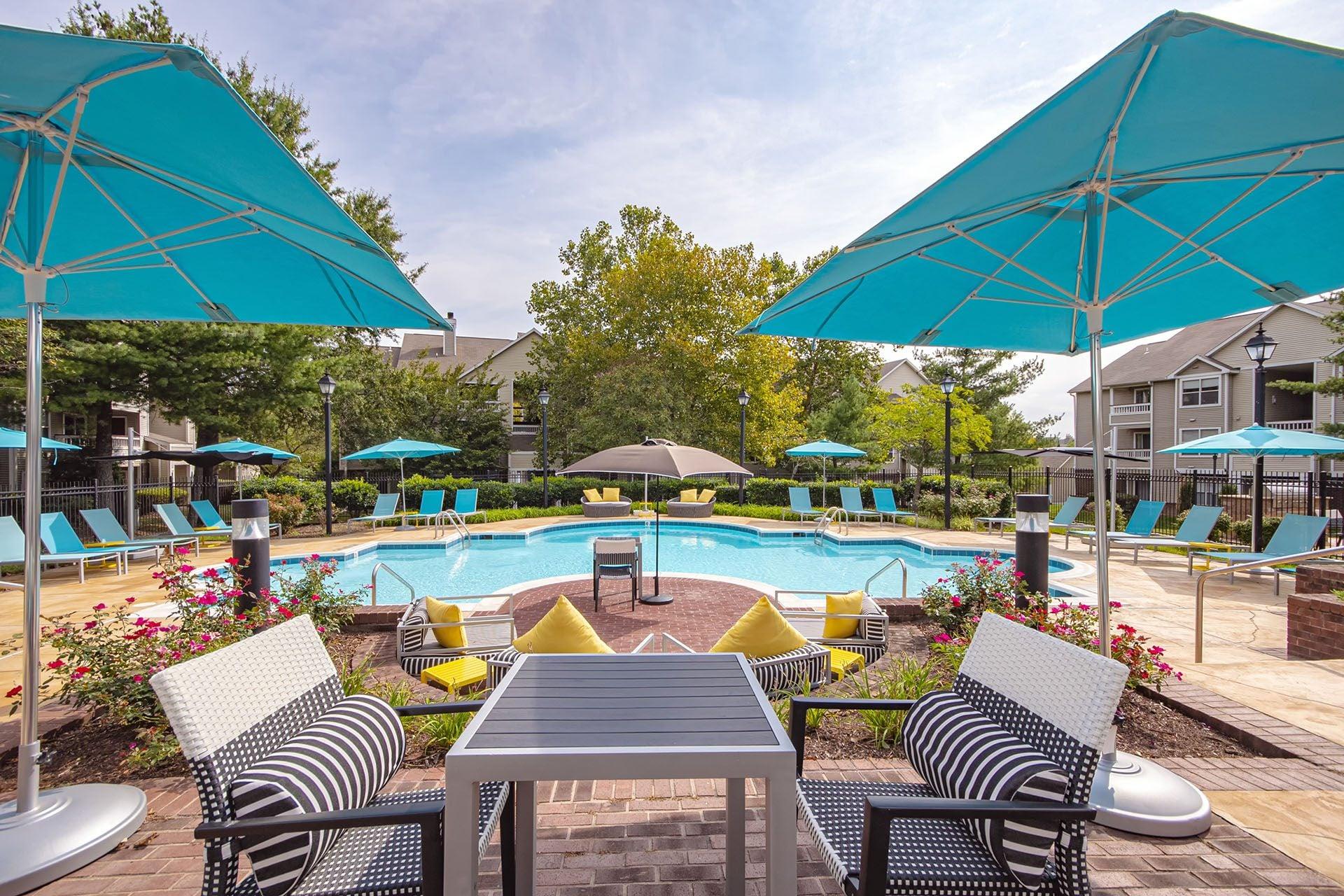 A pool surrounded by chairs and umbrellas.