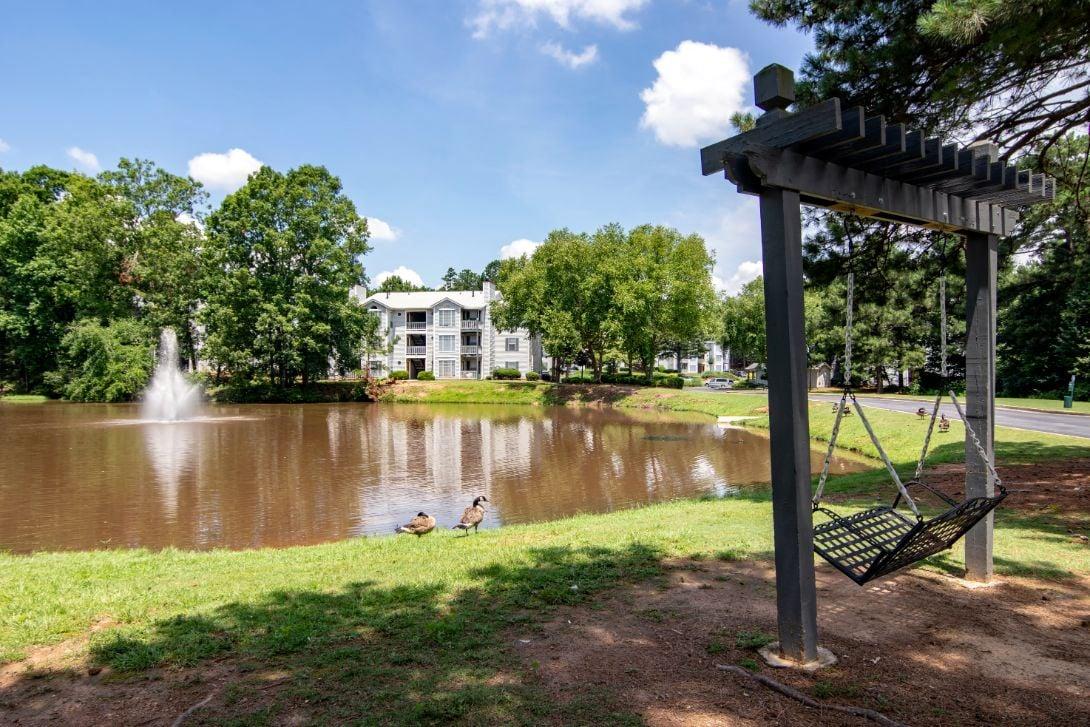 a swing on the side of a lake with a fountain in the background