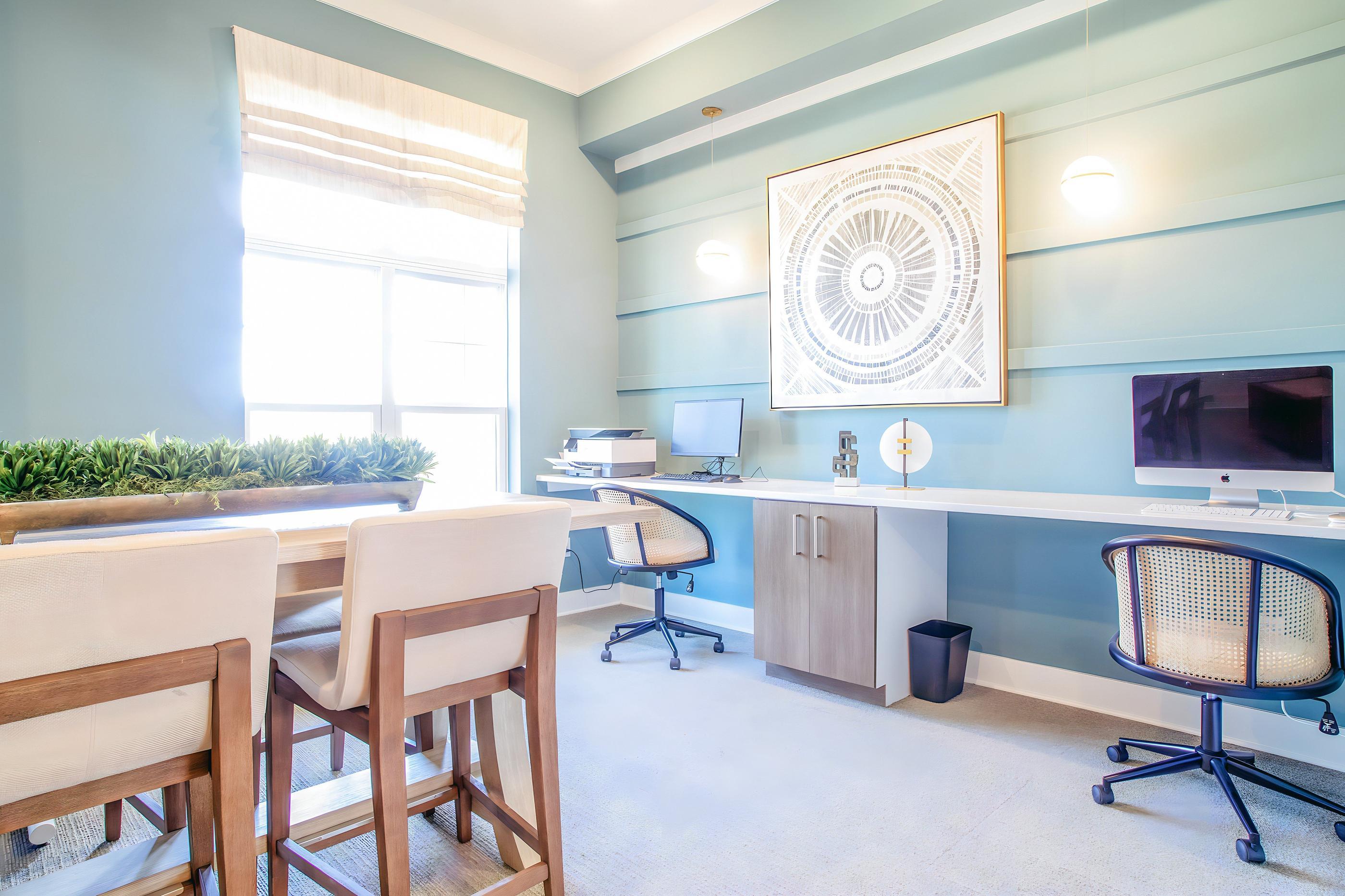 A room with a desk, chairs, and a plant.