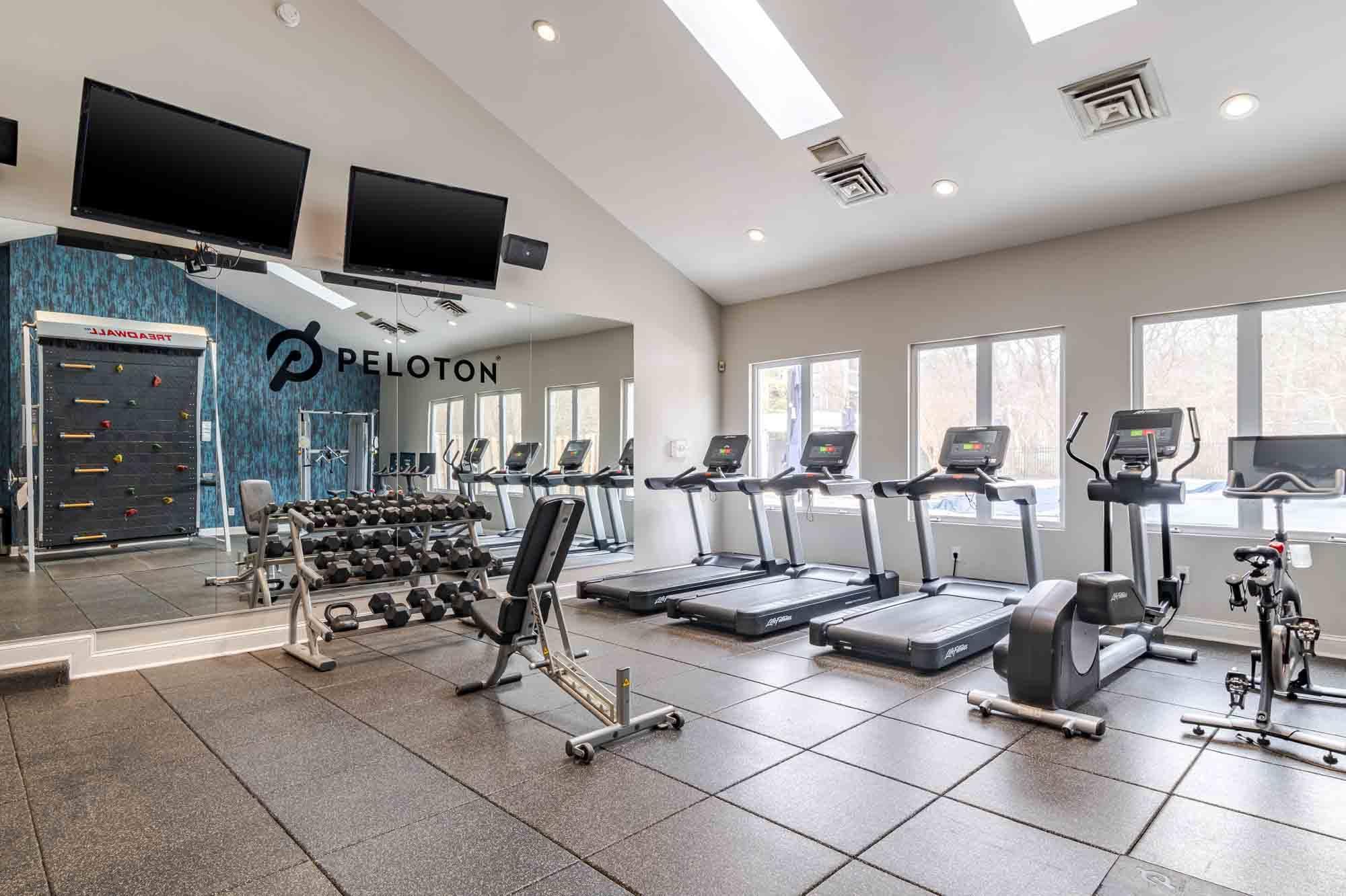 A Peloton gym with treadmills, stationary bikes, and weight machines.