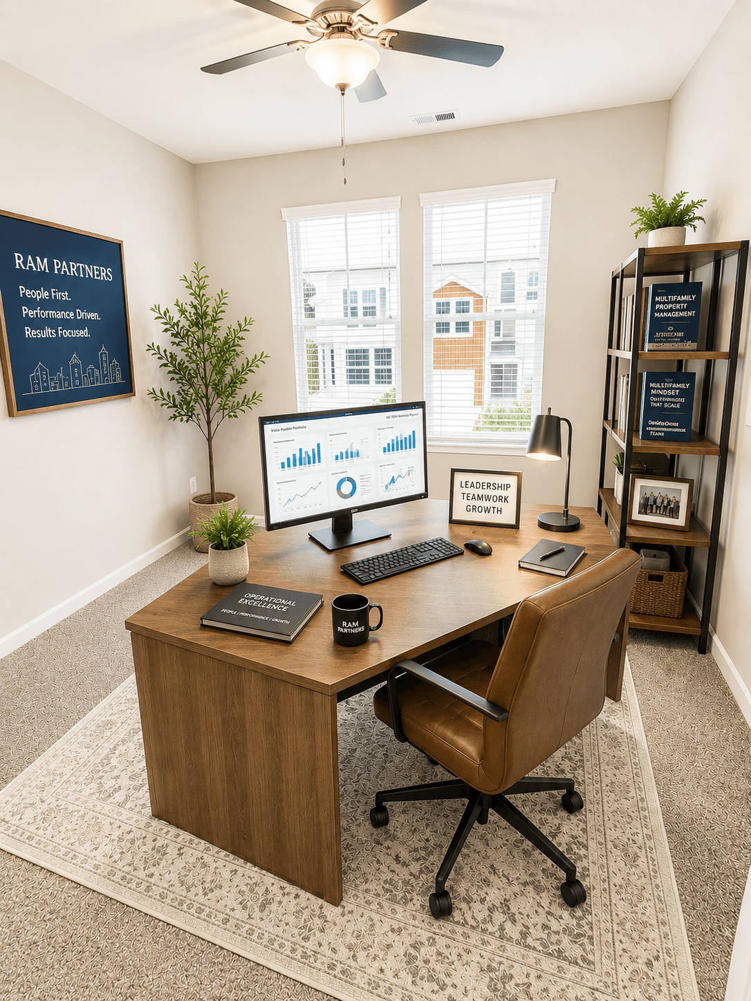 A room with a desk, chair, and computer monitor.
